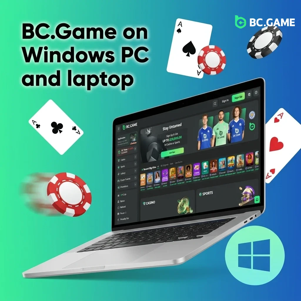 BC.Game on Windows PC via browser, showing desktop layout with casino, sports, sign-in and wallet options